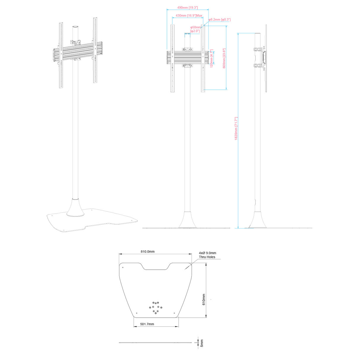 Dibujo técnico de un soporte de TV, con medidas y dimensiones detalladas.