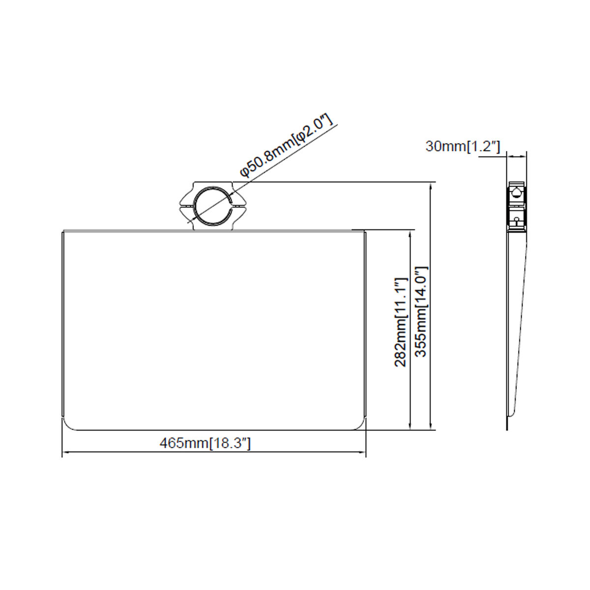 Diagrama de un componente rectangular con dimensiones y un punto de fijación circular.