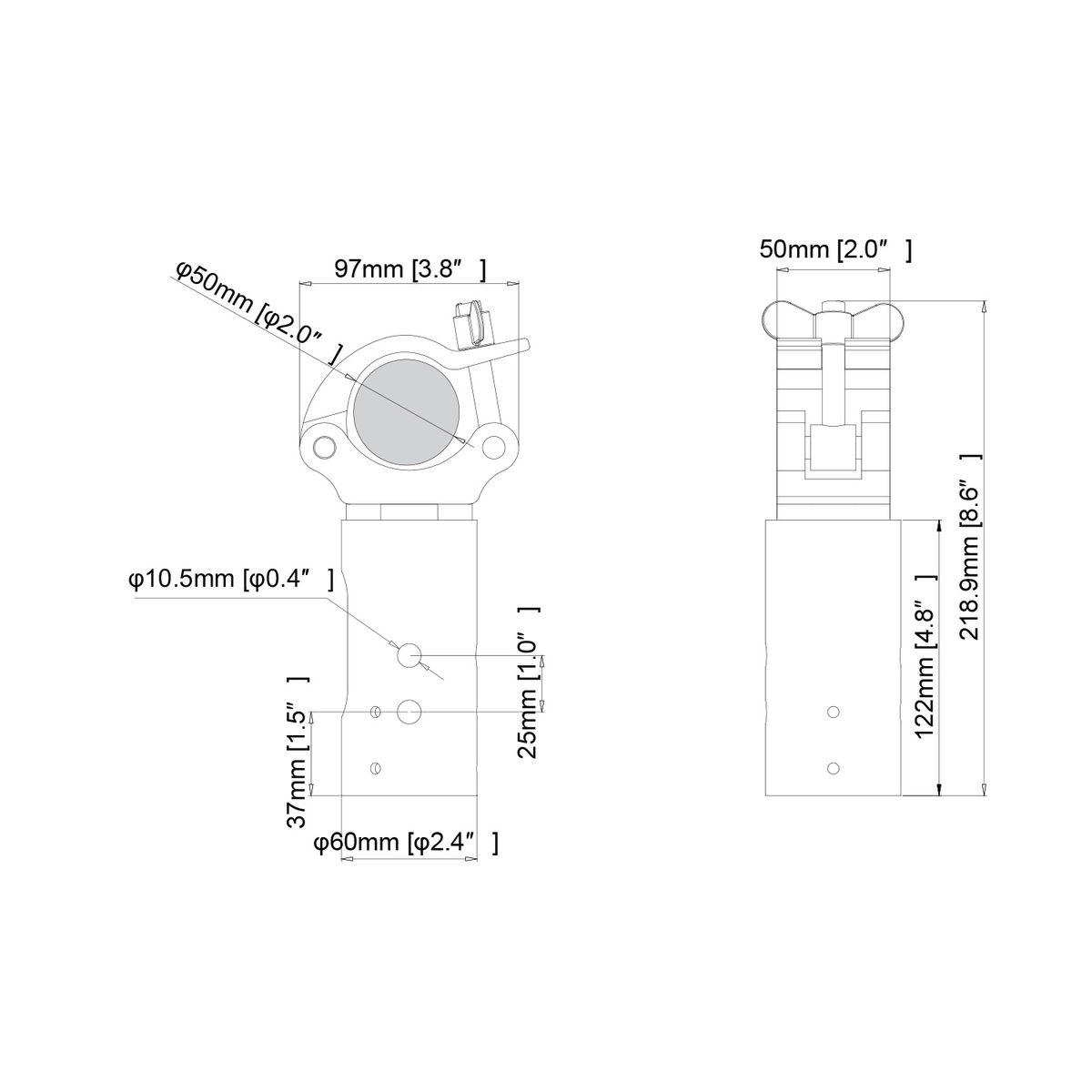 Dibujo técnico de una pieza metálica con dimensiones, diseño cilíndrico y rectangular.