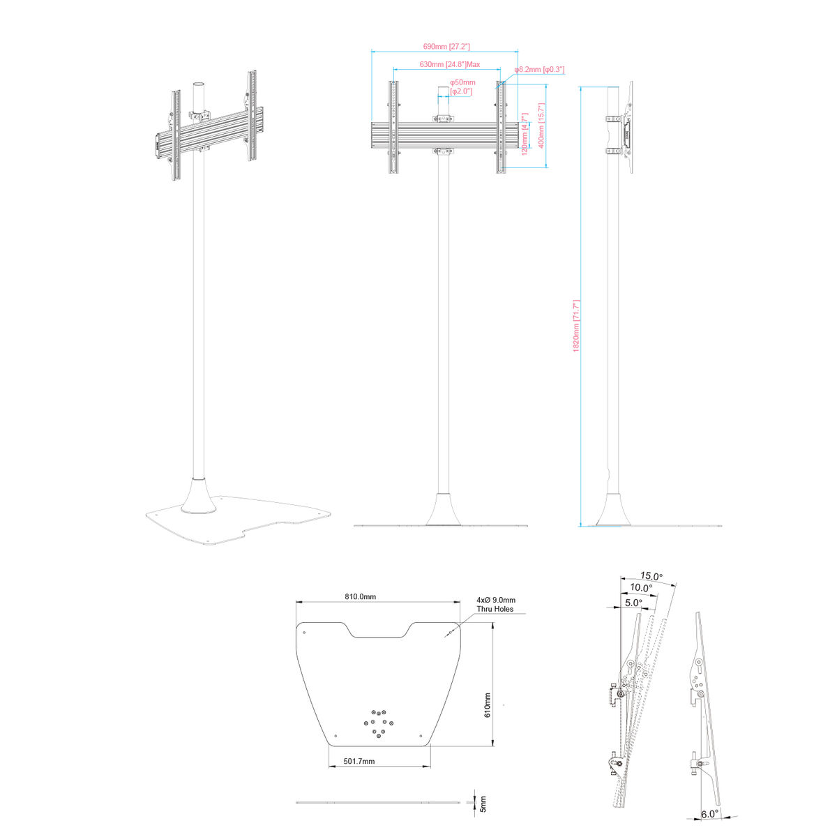 Dibujo técnico de un soporte de TV. Incluye dimensiones y múltiples vistas. Fondo blanco.