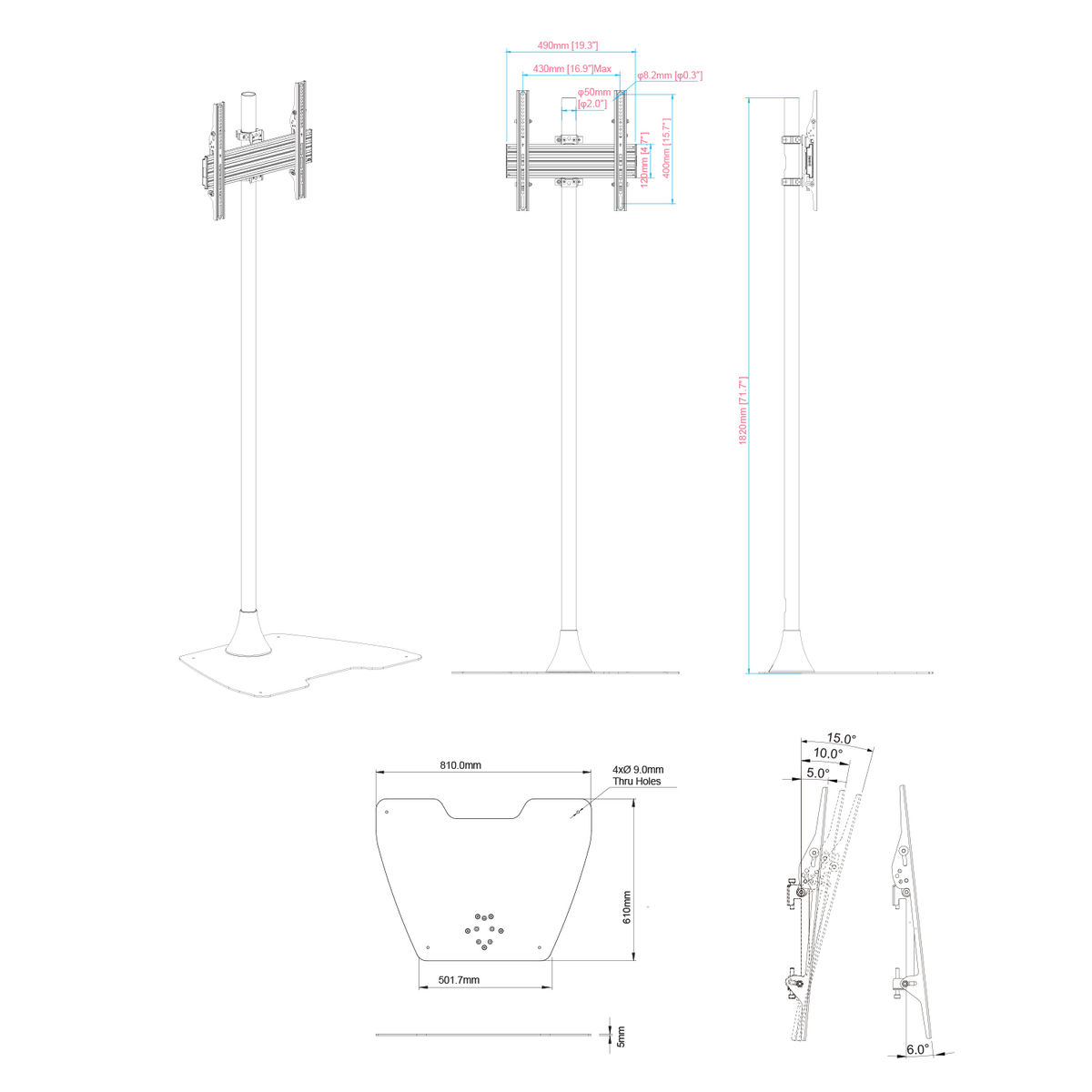 Dibujos técnicos de un soporte de TV, que muestran las dimensiones y varios ángulos del producto.