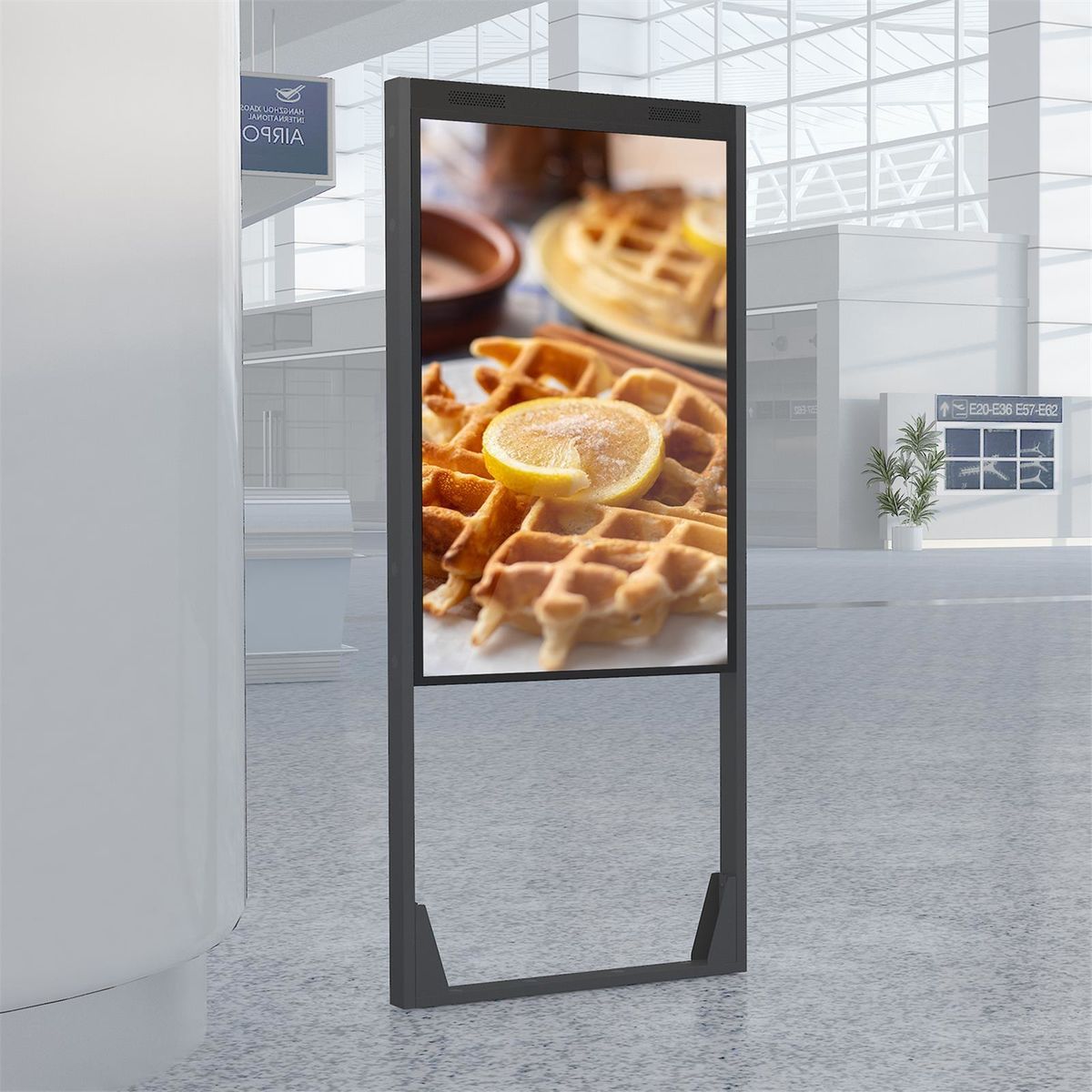 Una pantalla digital que muestra gofres con una rodaja de limón.