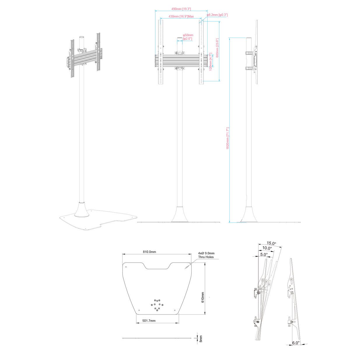 Dibujo técnico de un soporte de TV, con medidas y dimensiones detalladas.