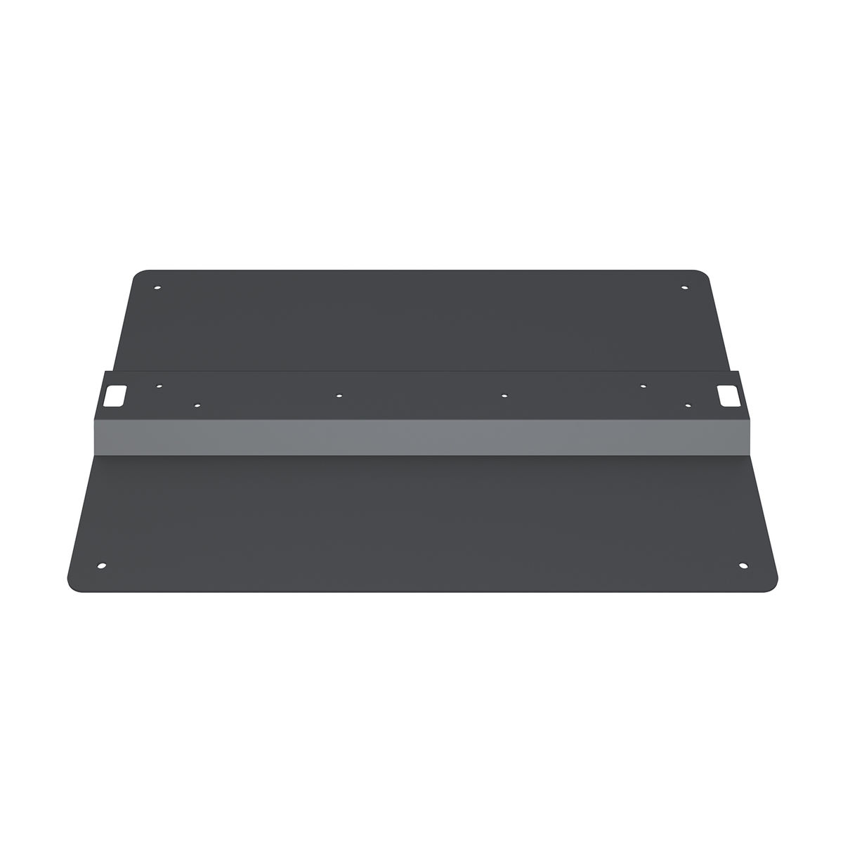 Un soporte de metal gris oscuro. Tiene forma rectangular con un soporte central.