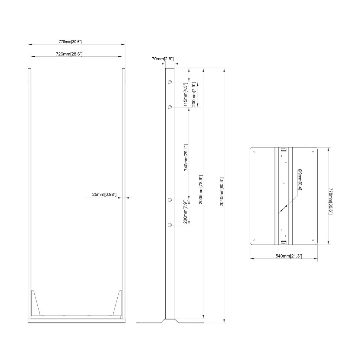 Dibujo lineal de una estructura larga con dimensiones en milímetros.