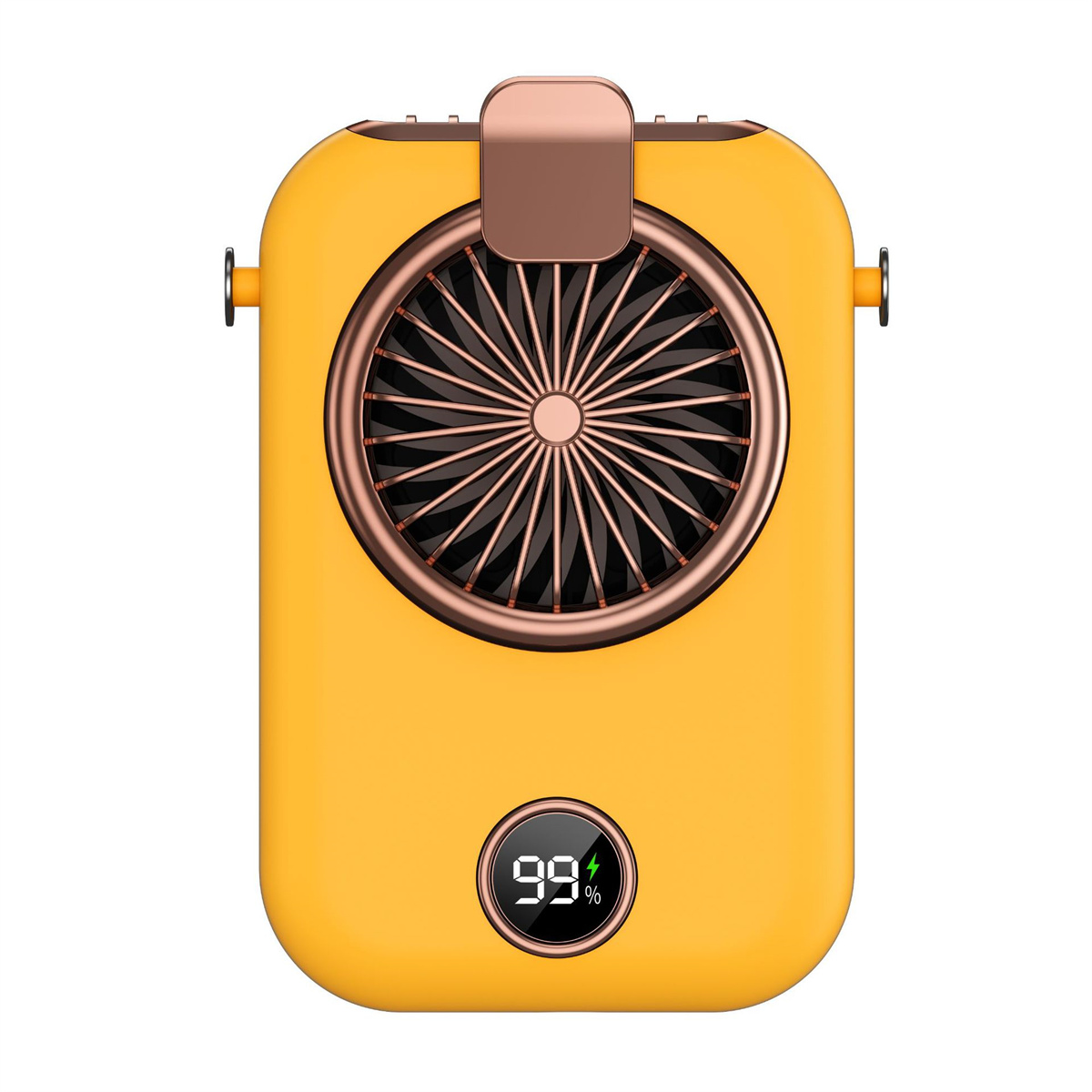 Gelber persönlicher Ventilator. Goldakzente. Digitalanzeige. Weißer Hintergrund.
