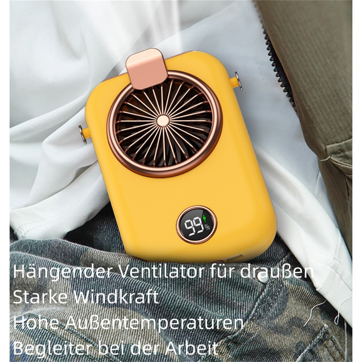 Gelber tragbarer Nackenventilator mit Digitalanzeige. Text: 'Hängeventilator für draußen, starker Wind'.