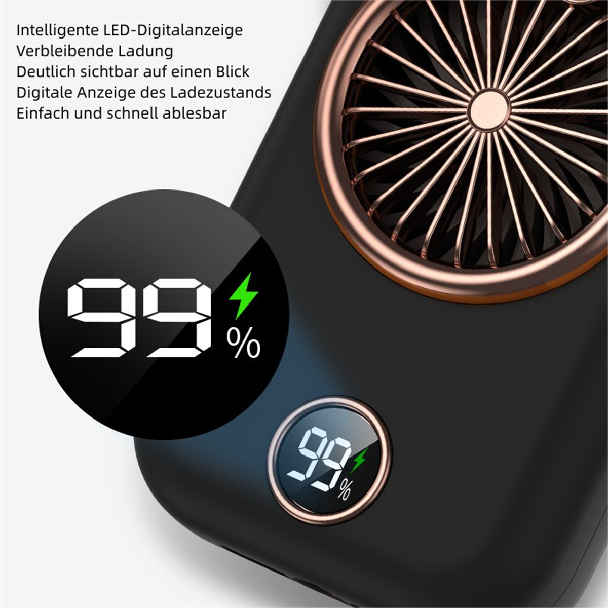Schwarzer Ventilator zeigt 99 % Akku an. LED-Bildschirm. Goldener Rand.