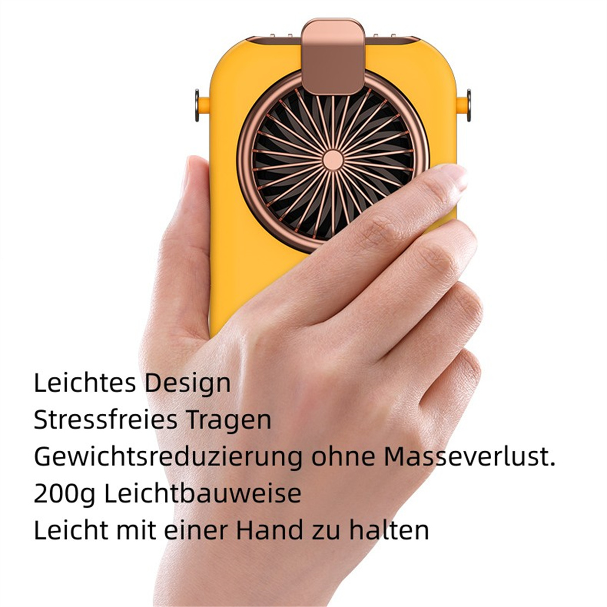 Eine Hand, die einen gelben tragbaren Ventilator hält. Text ist auf Deutsch.