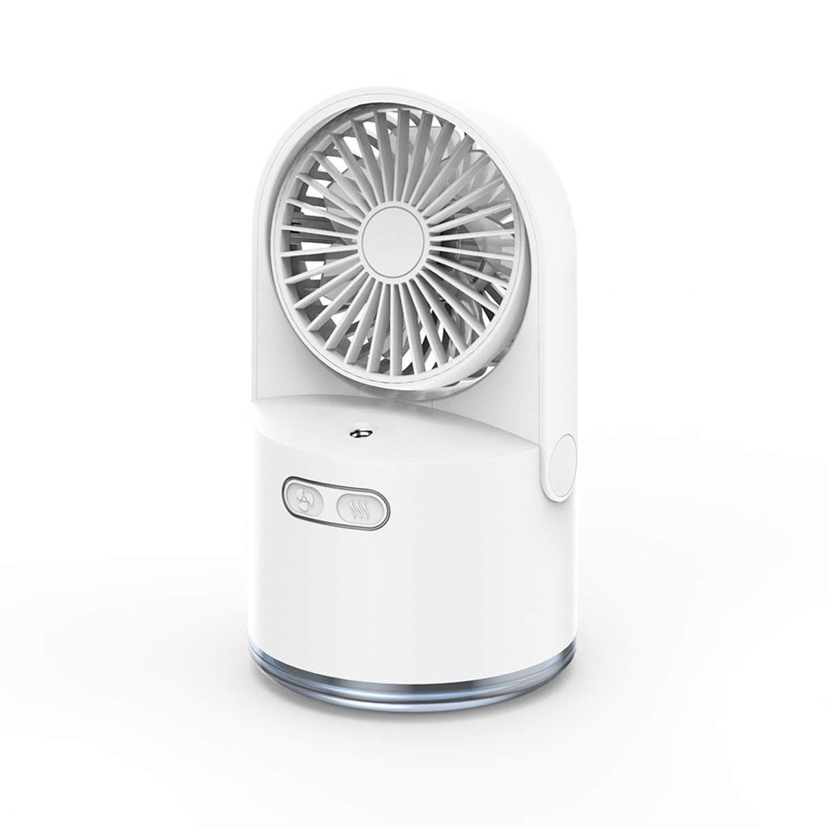 Weißer tragbarer Ventilator mit silberner Zierleiste. Mit Knöpfen und Lüfterblattabdeckung.