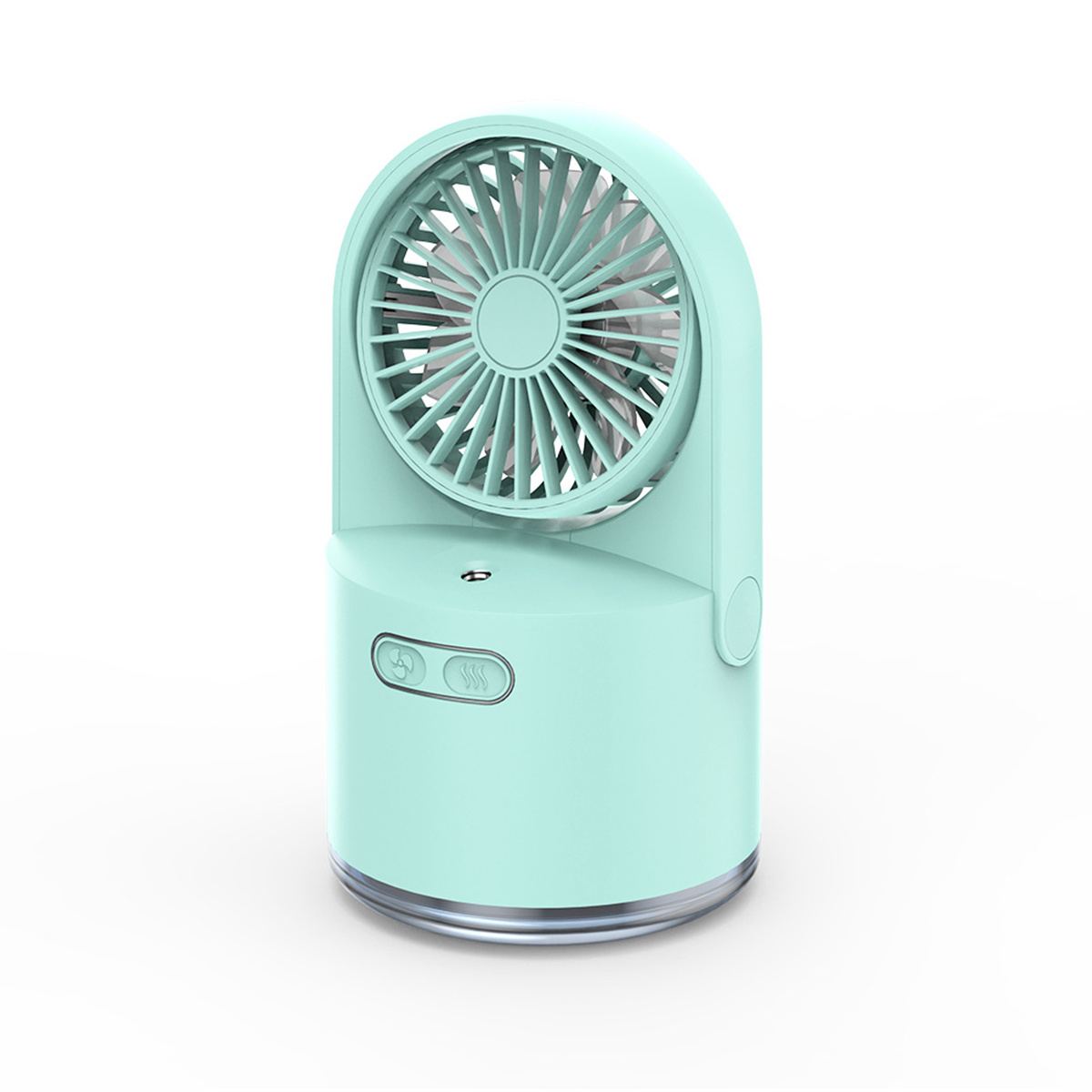 Ein kleiner türkisfarbener Ventilator auf weißem Hintergrund.