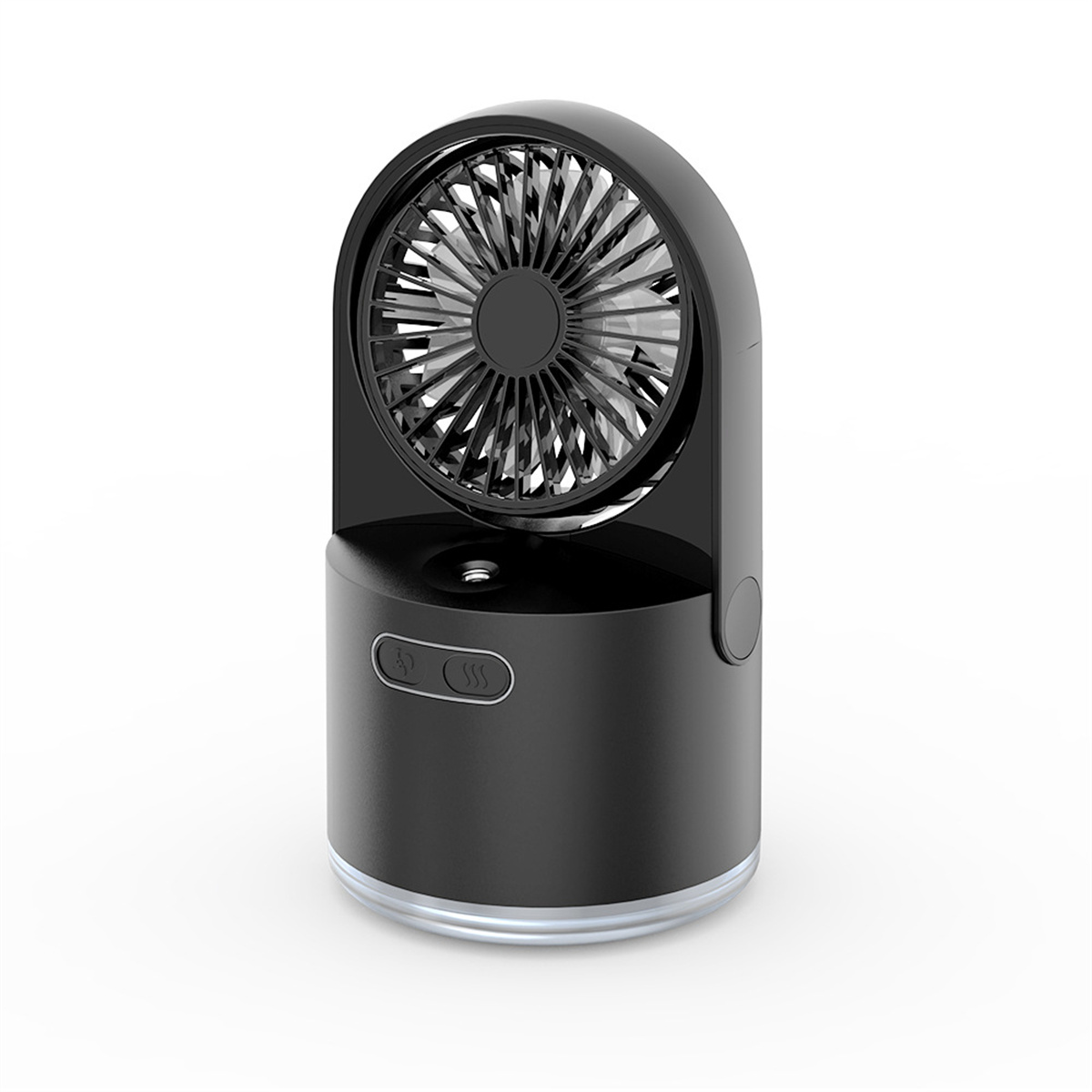 Schwarzer tragbarer Ventilator auf weißem Hintergrund. Er hat einen runden Kopf und einen schwarzen Sockel.