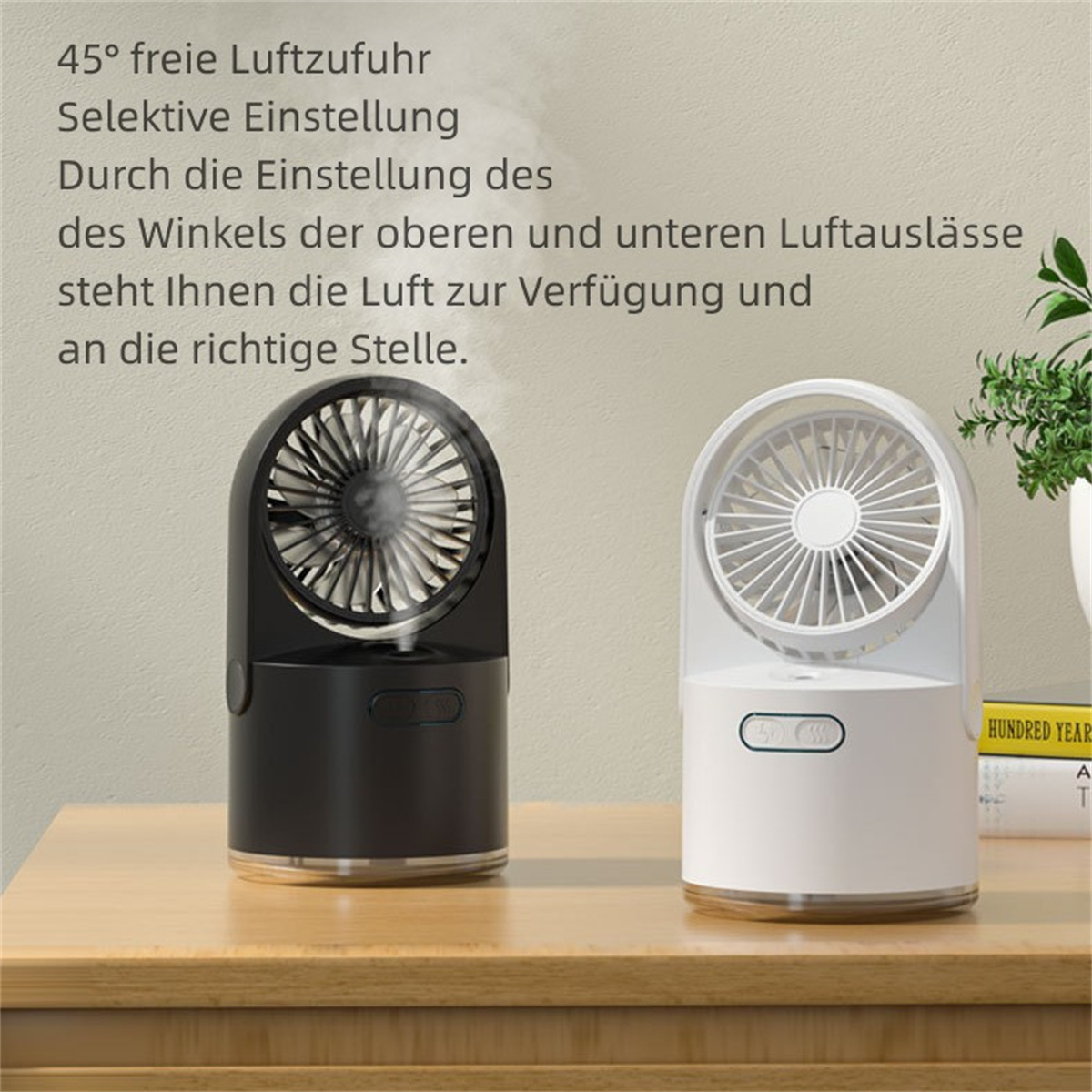 Zwei schwarz-weiße tragbare Ventilatoren auf einer Holzoberfläche. Text ist auf Deutsch.
