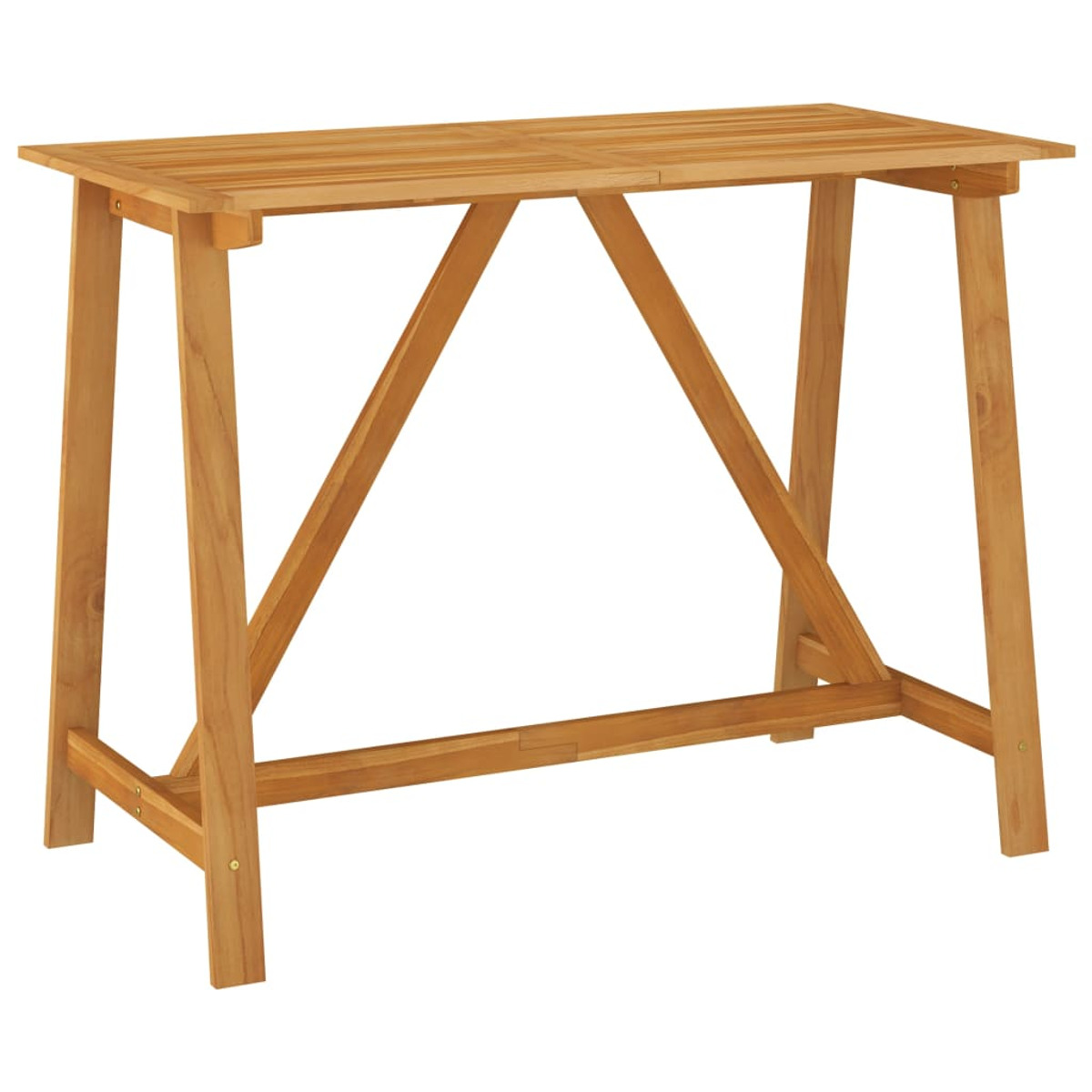 Ein Bartisch aus Holz mit rechteckiger Platte und schrägen Beinen. Isoliert auf weißem Hintergrund.