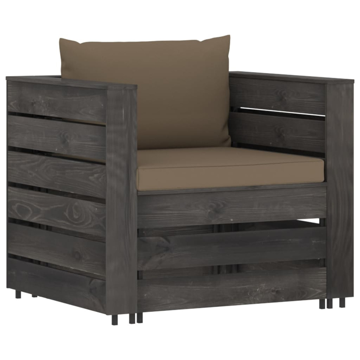 Poltrona in legno con cuscino marrone. Colore legno scuro.