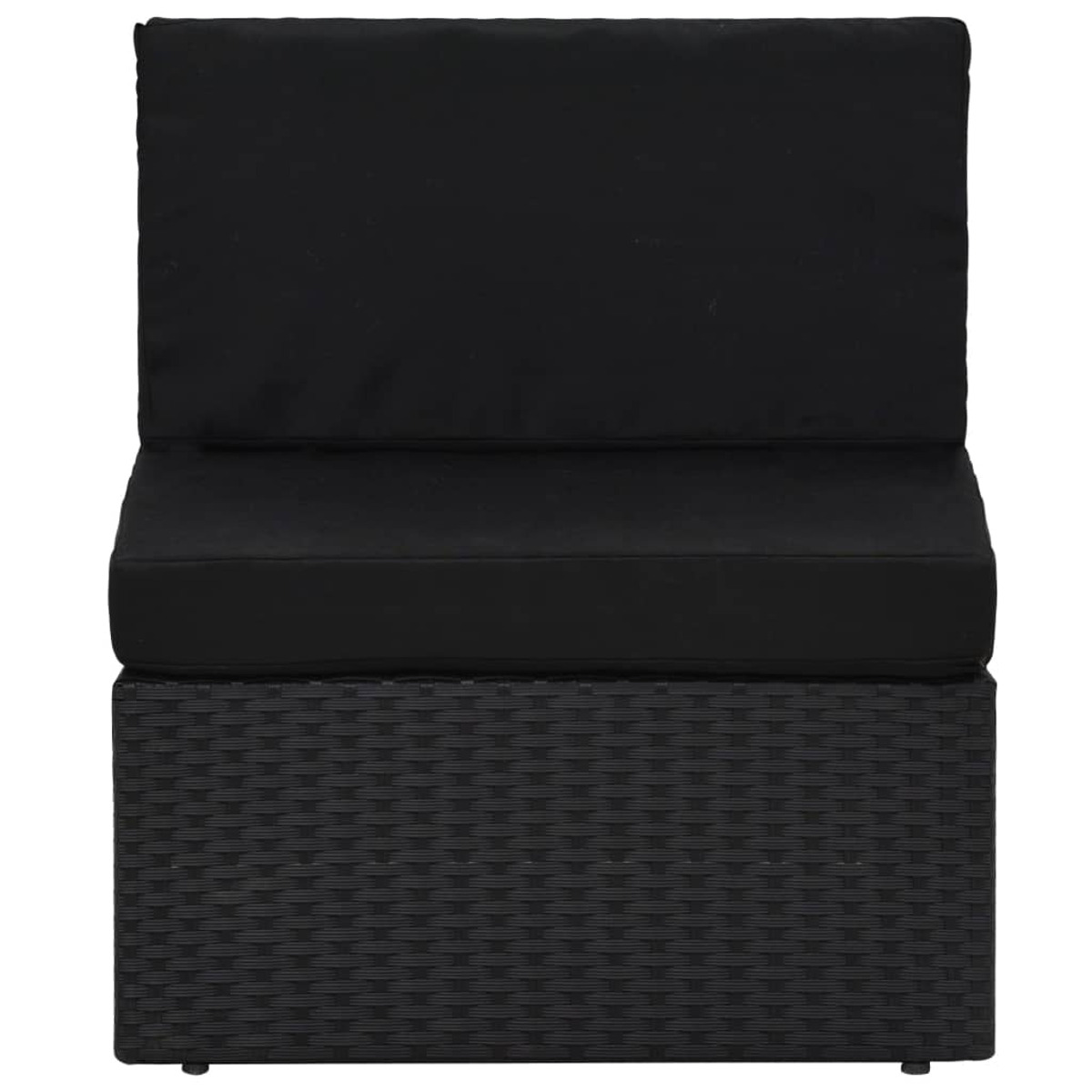 Schwarzes Korbsessel-Kissen-Set mit schwarzer Rückenlehne. Die Kissen stehen auf einer schwarzen Korb-Basis.