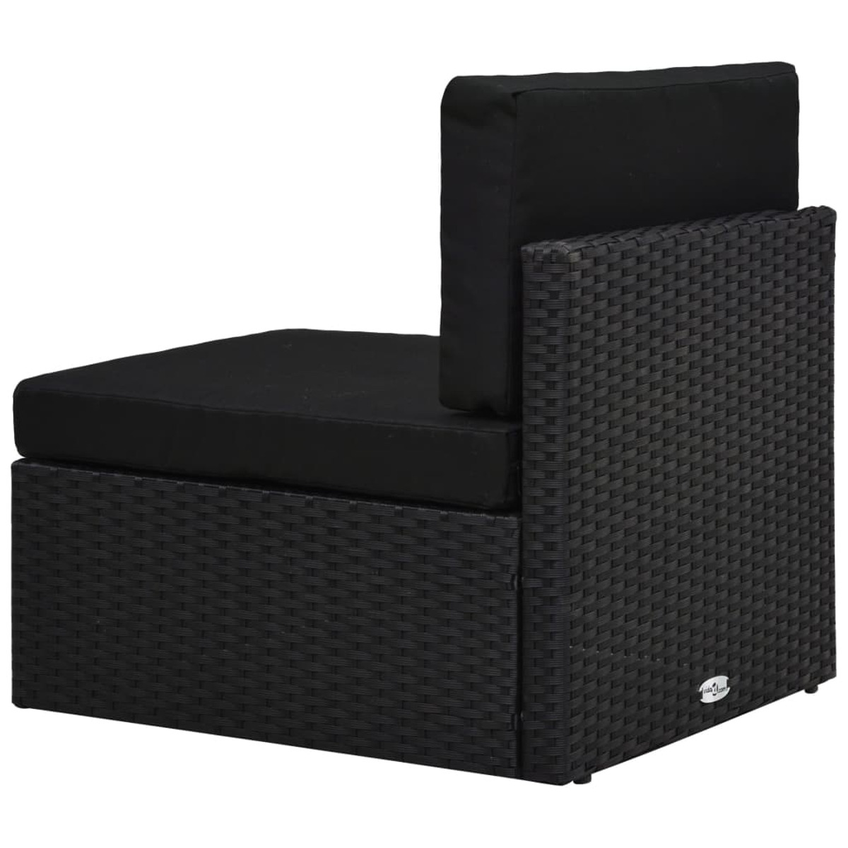 Schwarzer Eckstuhl aus Korbgeflecht für den Außenbereich mit schwarzen Kissen. Seitenansicht.
