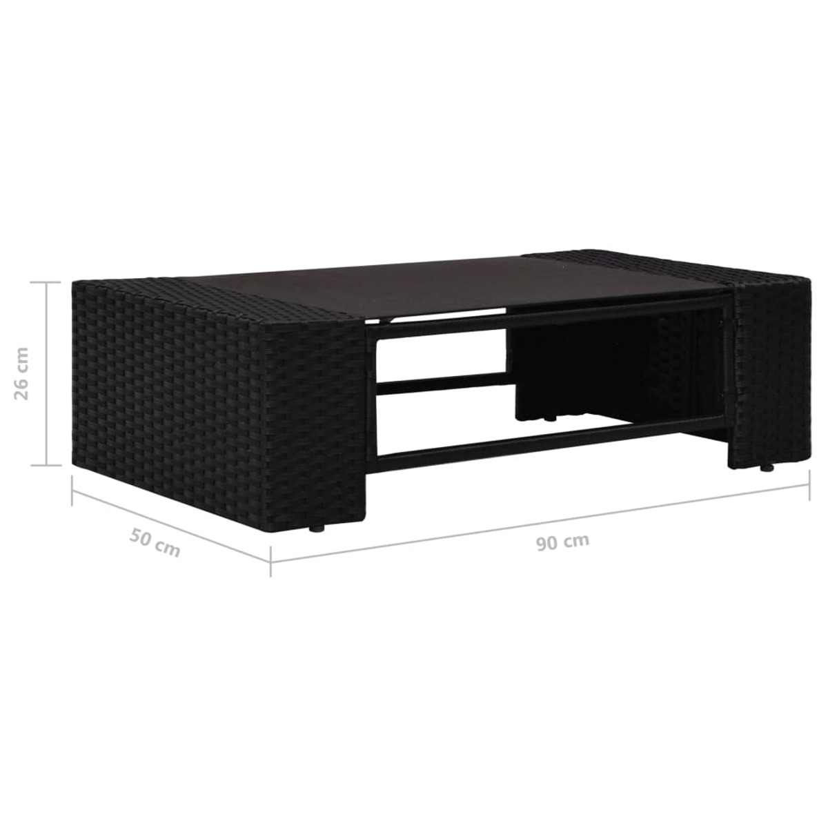 Schwarzer Rattantisch. Maße: 90x50x26 cm. Schwarze Platte und Rahmen.
