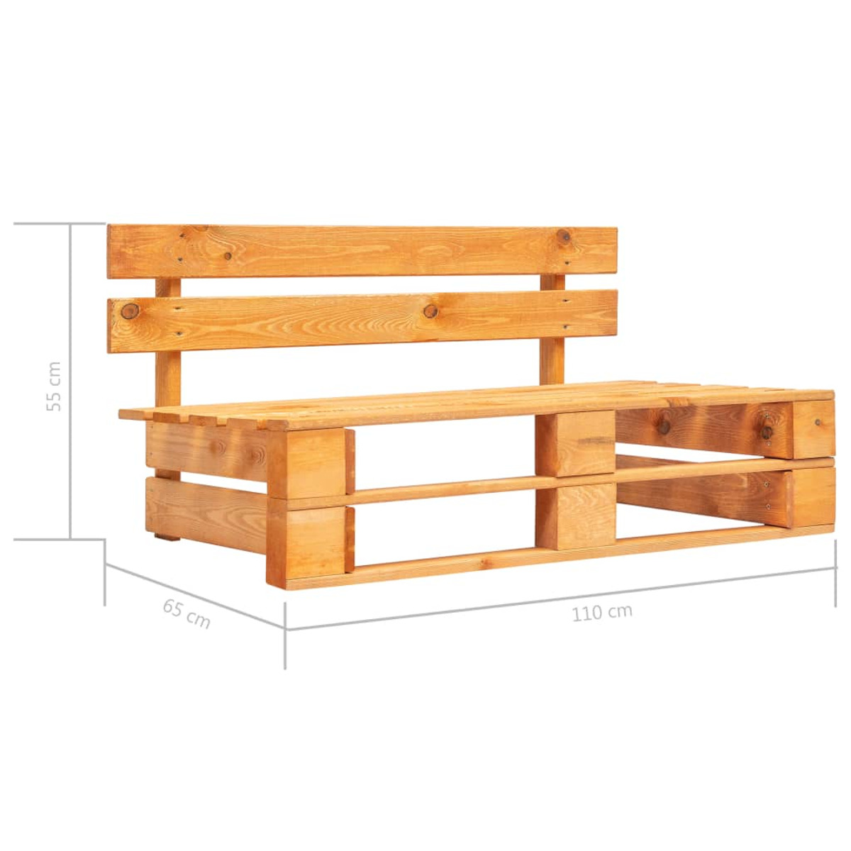 Holzbank mit Rückenlehne. Sie ist 110 cm lang, 65 cm breit und 55 cm hoch.