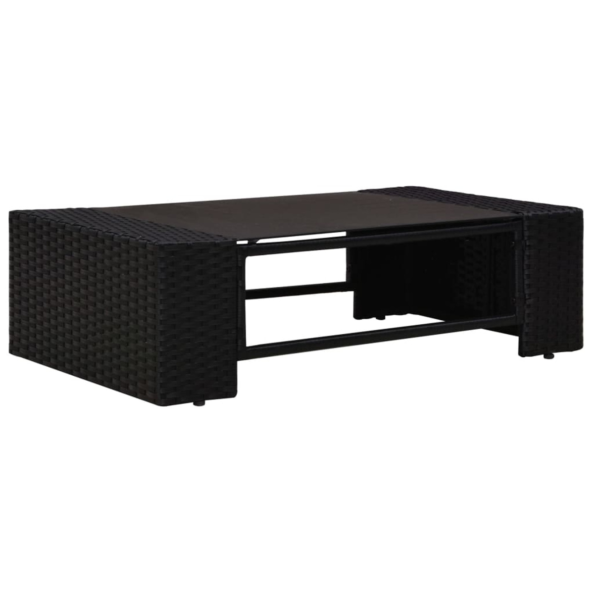 Ein rechteckiger schwarzer Korbtisch mit Glasplatte. Das Design ist minimalistisch.