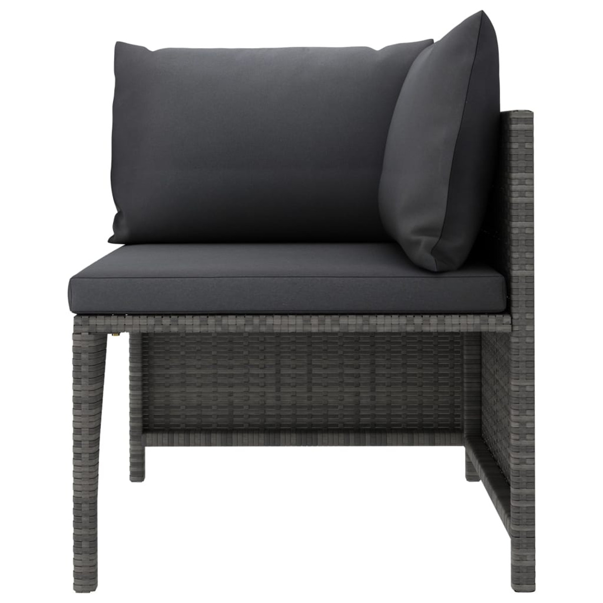 Graues Ecksofa mit schwarzem Kissen. Weißer Hintergrund.