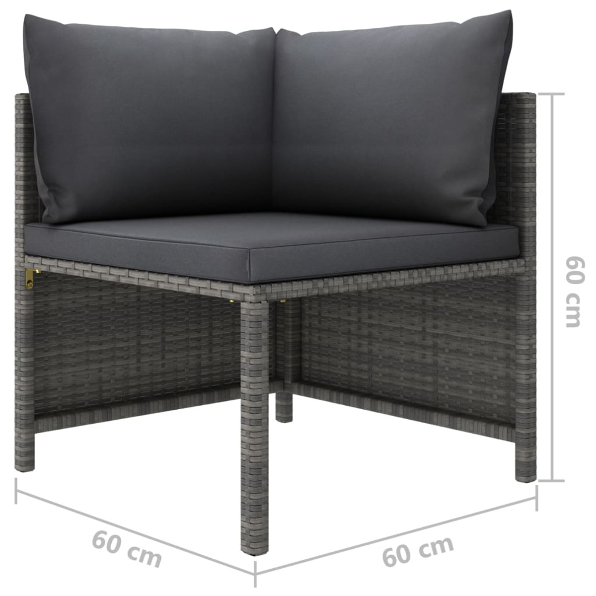 Grauer Rattan-Eckstuhl mit grauen Kissen. Quadratische Form mit einer Größe von 60x60cm.
