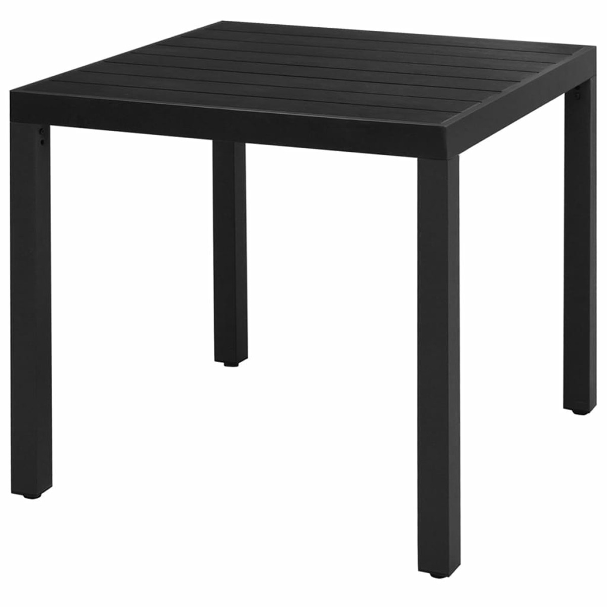 Schwarzer quadratischer Gartentisch. Der Hintergrund ist weiß.