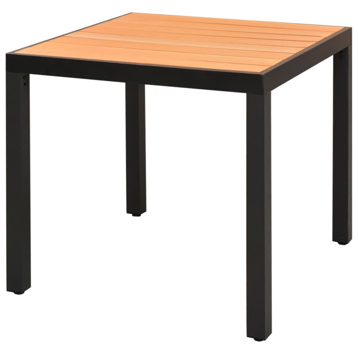Quadratischer Tisch mit Holzplatte und schwarzem Metallrahmen. Isoliert auf weißem Grund.