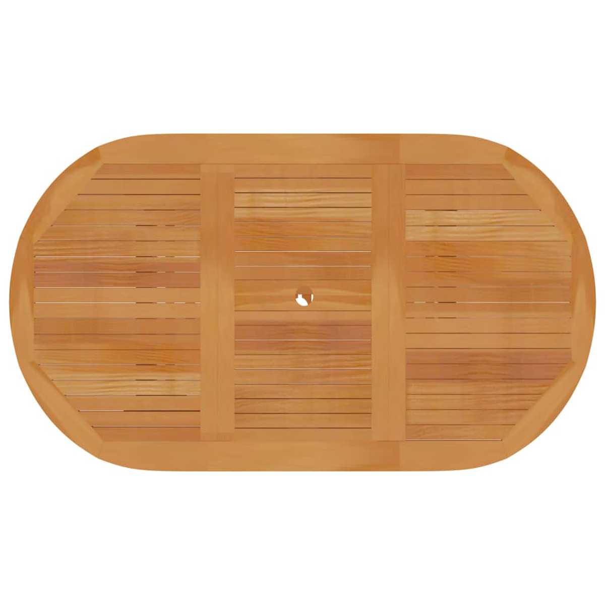 Ovaler Holztisch mit Loch in der Mitte, Draufsicht.