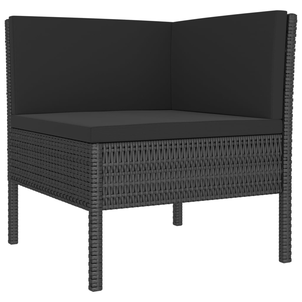 Dunkelgraues Ecksofa aus Korbgeflecht mit schwarzen Kissen. Die Couch wird von der Seite betrachtet.