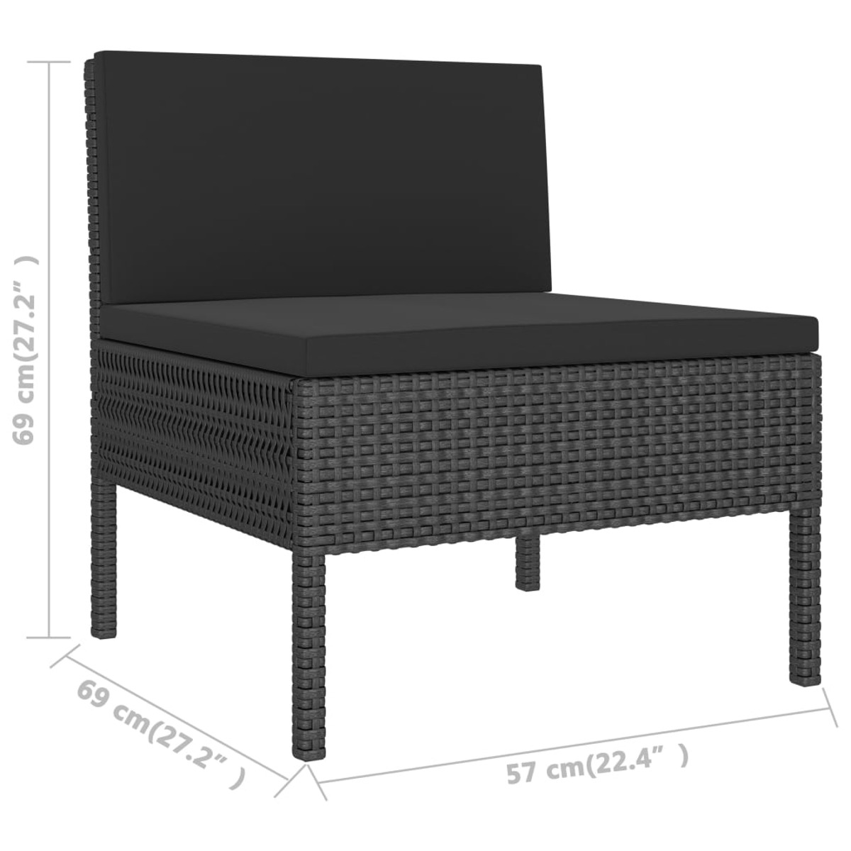 Schwarzer Rattan-Stuhl mit Abmessungen. Er hat ein schwarzes Kissen. Der Stuhl hat weiße Beine.