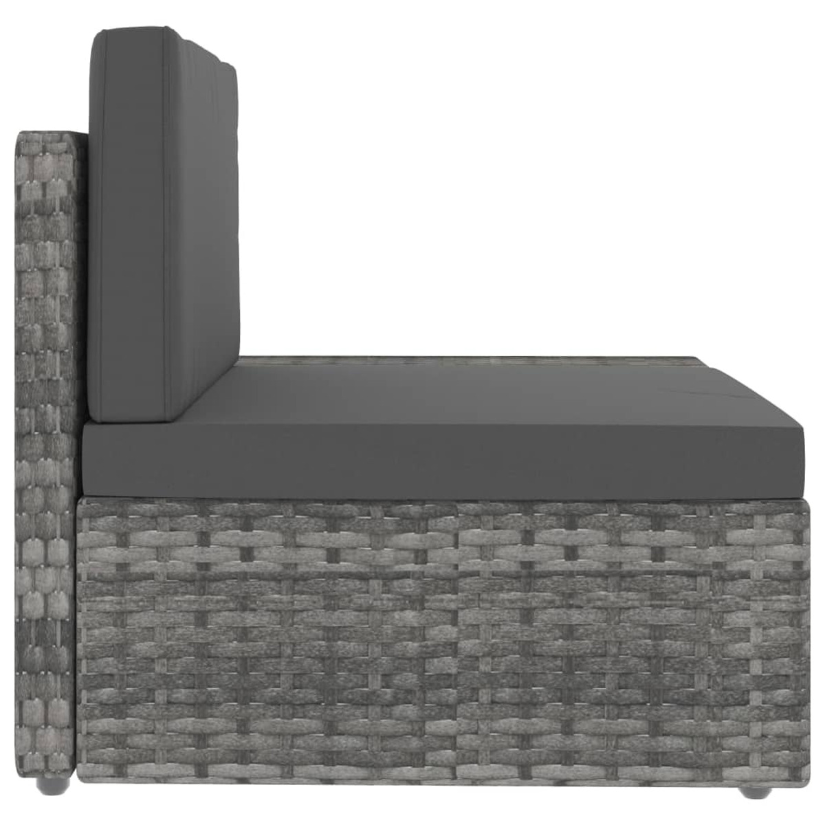Seitenansicht eines grauen, gewebten Outdoor-Stuhls mit grauem Kissen und Rückenlehne.