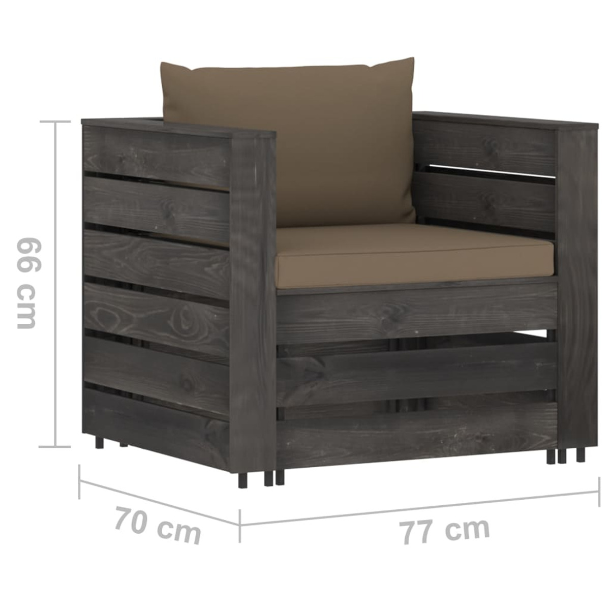 Poltrona in legno con cuscino e cuscino marrone. Misure in cm: 77x70x66.