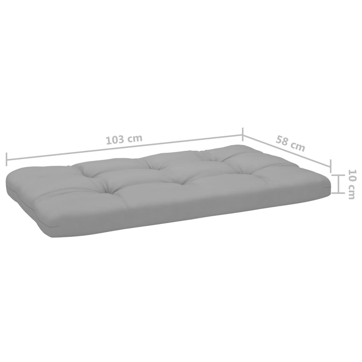 Graues, rechteckiges Kissen mit Maßangaben. 103 cm lang, 58 cm breit und 10 cm dick.