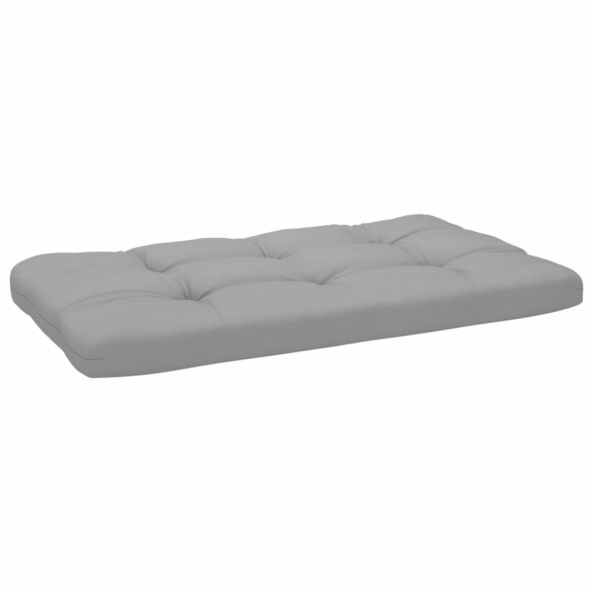 Ein graues Kissen. Rechteckige Form. Das Kissen hat ein getuftetes Design. Weißer Hintergrund.
