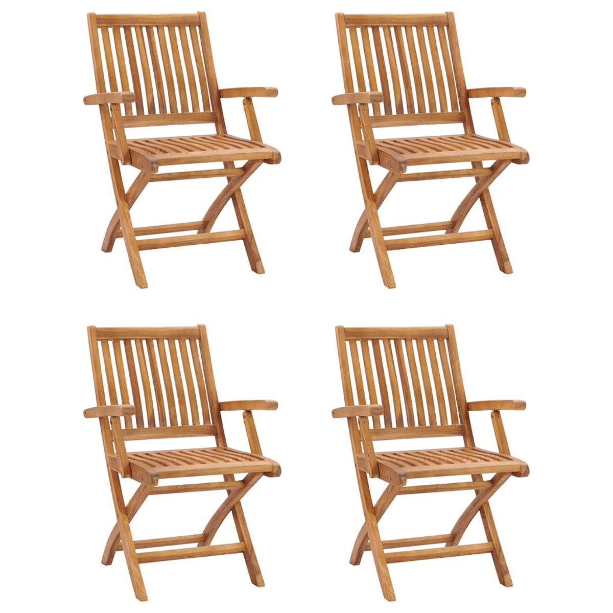 Vier Holzklappstühle, jeder mit Armlehnen. Sie sind quadratisch angeordnet.