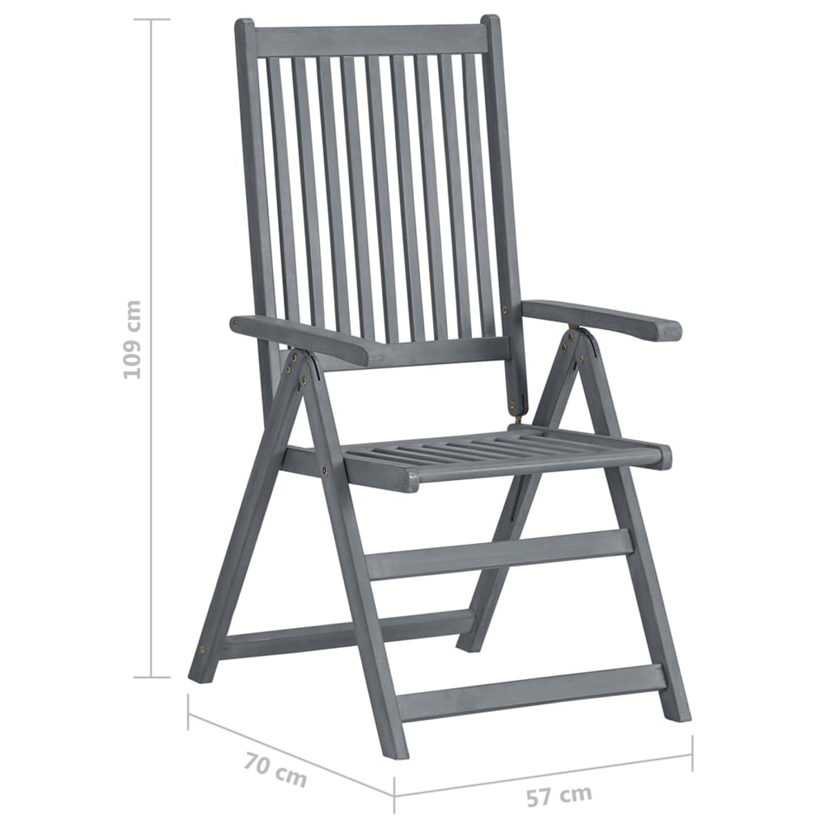 Ein grauer, zusammenklappbarer Holzstuhl mit den Maßen 109 cm hoch, 70 cm breit und 57 cm tief.