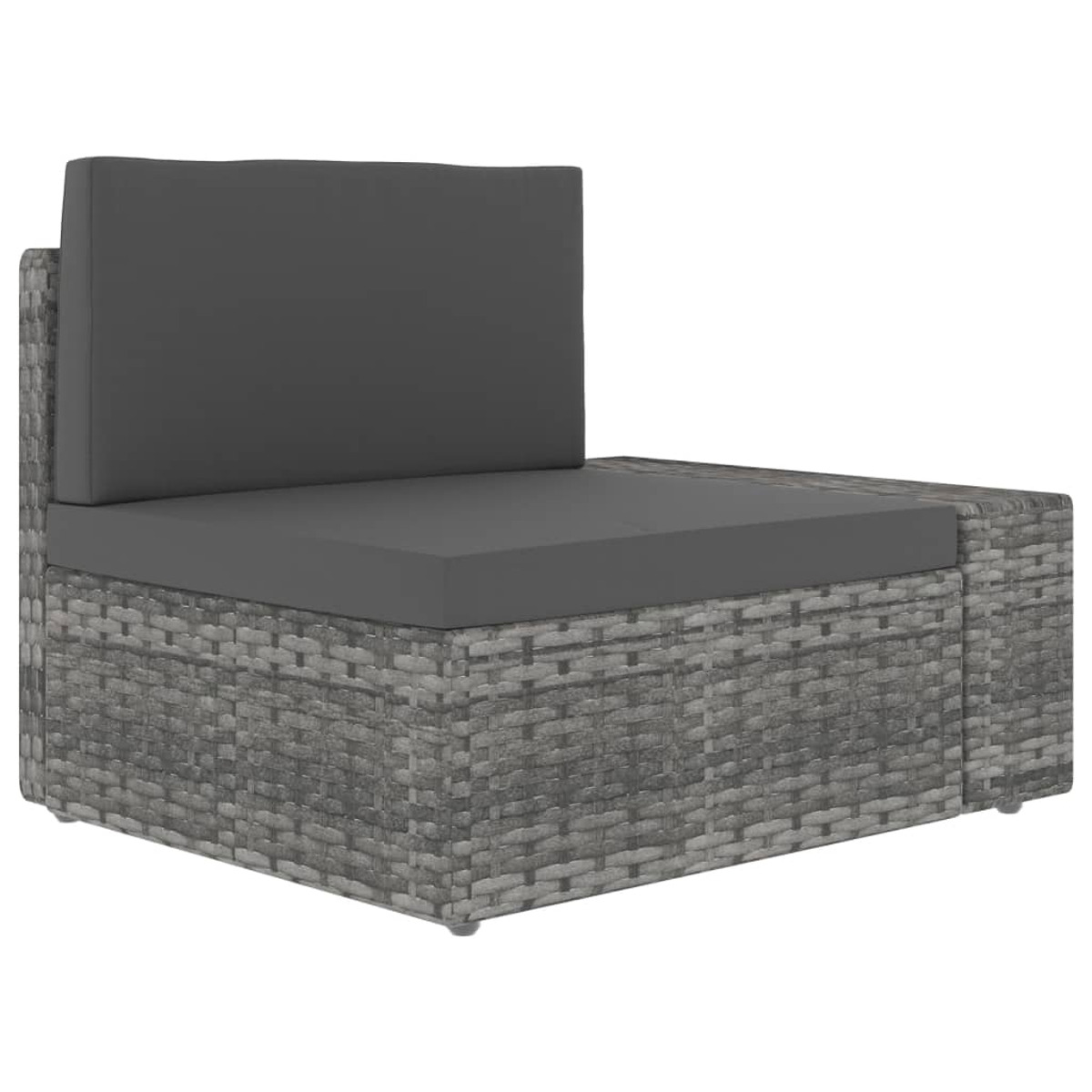 Graues Outdoor-Sofa aus Korbgeflecht mit grauem Kissen, auf weißem Hintergrund. Seitenansicht.