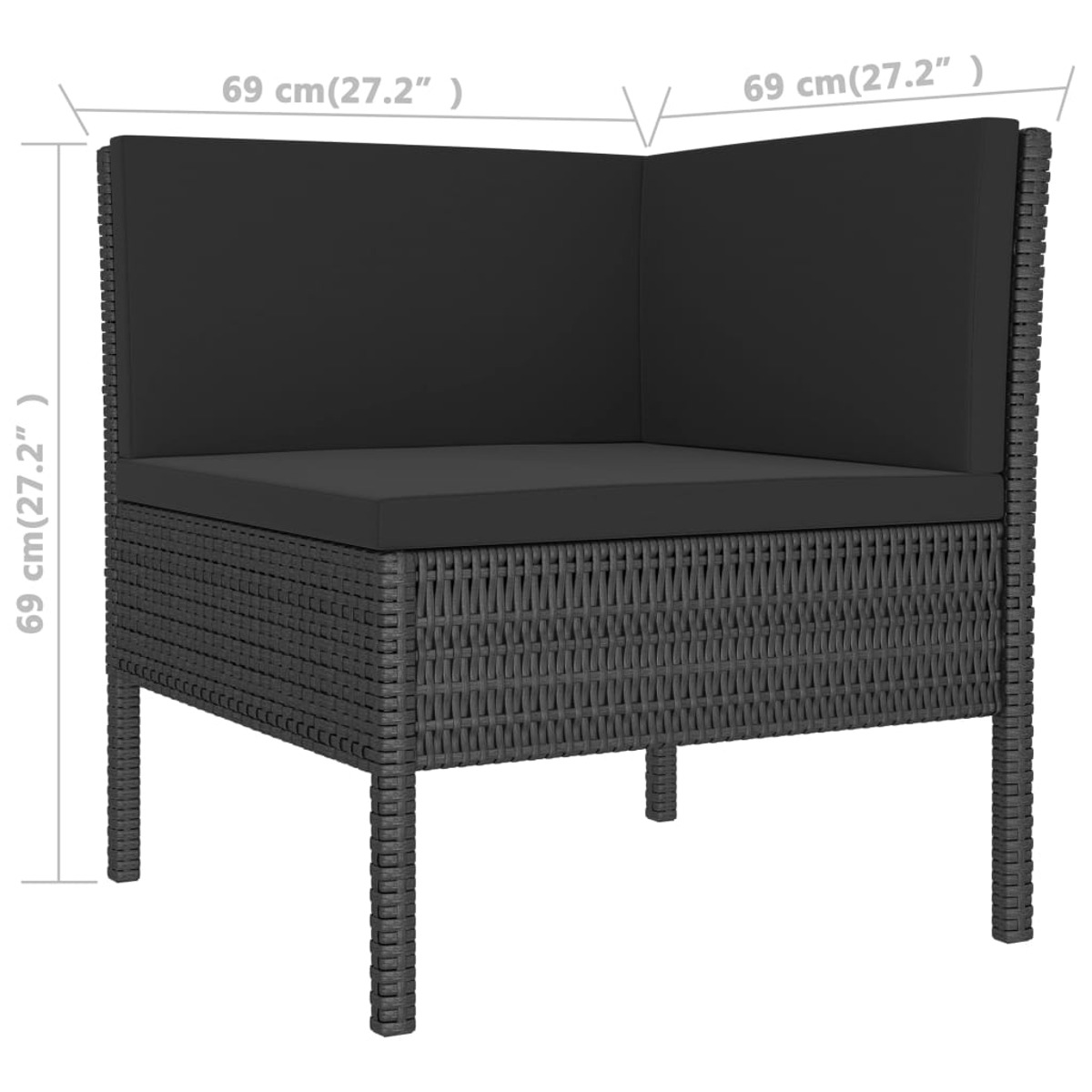 Dunkelgrauer Eckstuhl aus Rattan mit schwarzen Kissen, gemessen in Zentimetern.