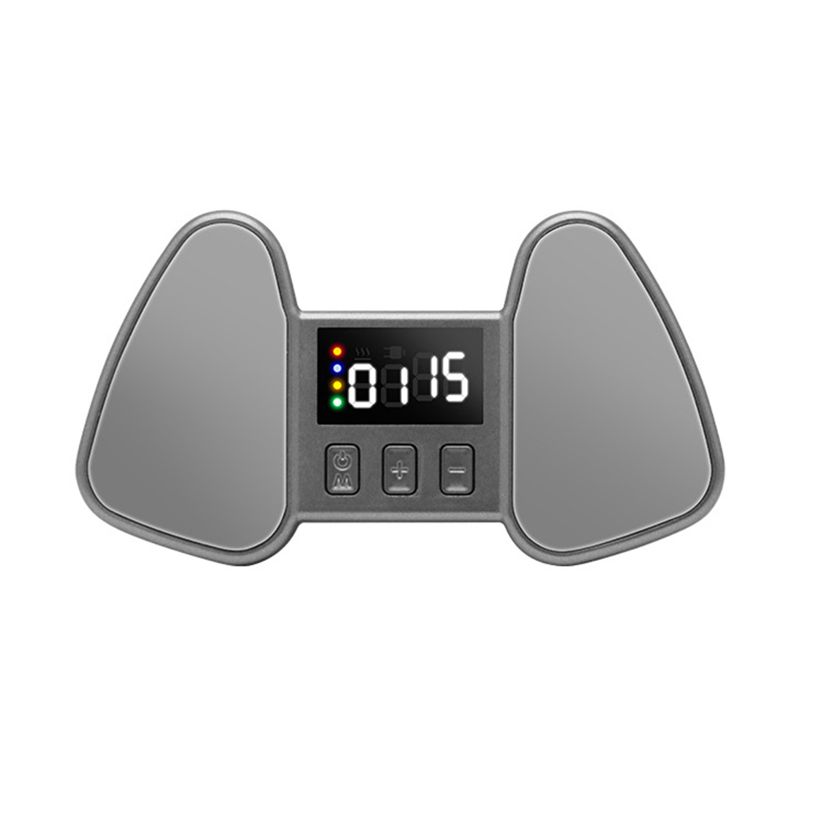 Graues Massagegerät mit Display. Zeigt einen Timer und drei Knöpfe. Zwei flügelförmige Pads auf jeder Seite.