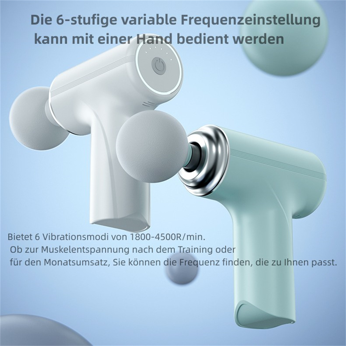 Zwei Massagepistolen mit Text über Frequenzeinstellungen.