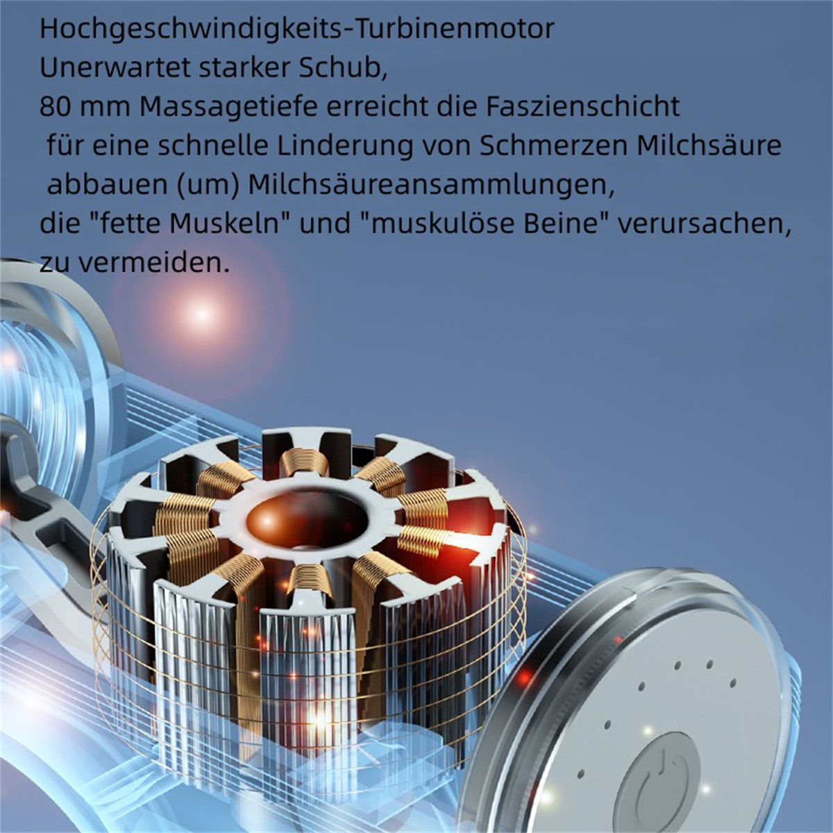 Maschinenkomponenten-Illustration mit Text über Muskelregeneration und Schmerzlinderung.