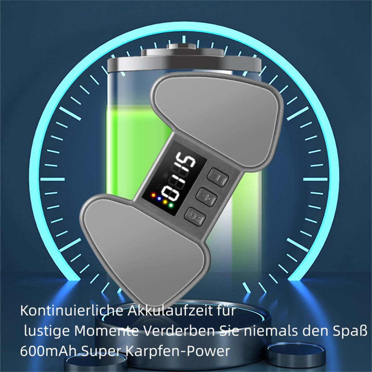 Ein digitales Gerät mit Bildschirm, der Zahlen und ein Batteriesymbol anzeigt, mit Text.