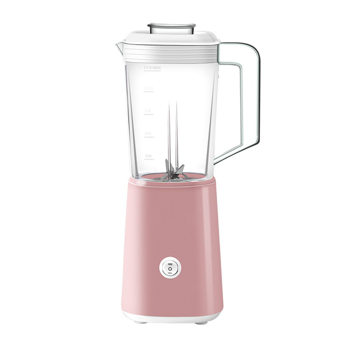 Rosa Mixer mit einem durchsichtigen Krug, weißem Deckel und einem weißen Knopf.