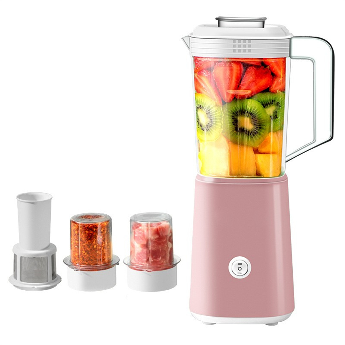 Rosa Mixer mit Früchten und drei kleinen Behältern mit Zutaten daneben.