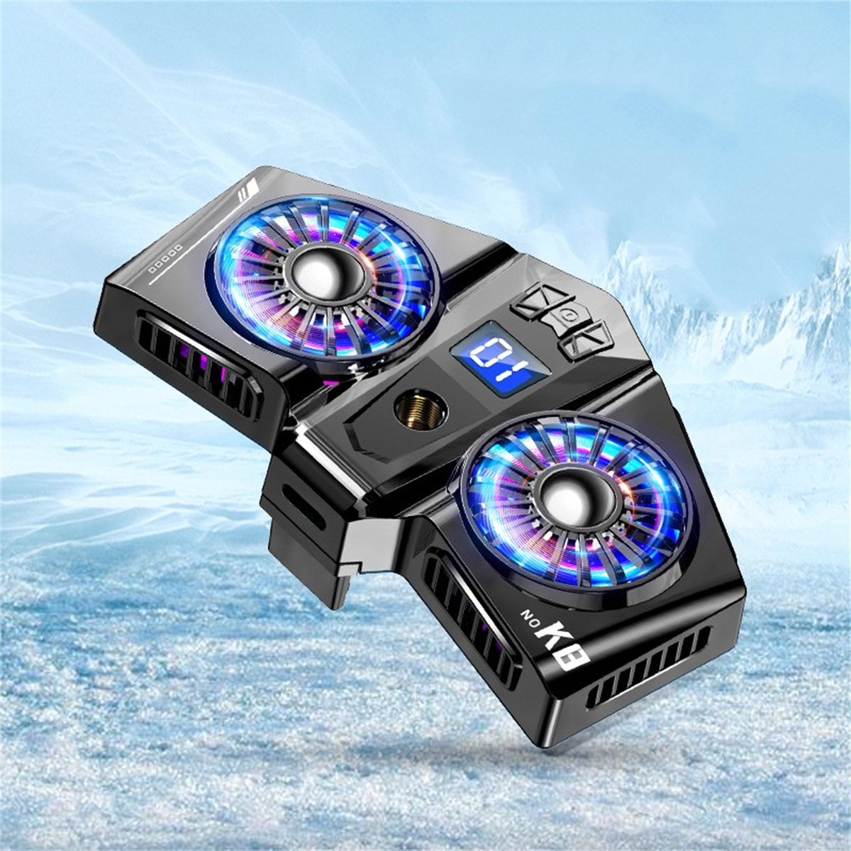 Ein schwarzes Tech-Gerät mit blauen und lila Lichtern und einem Bildschirm.