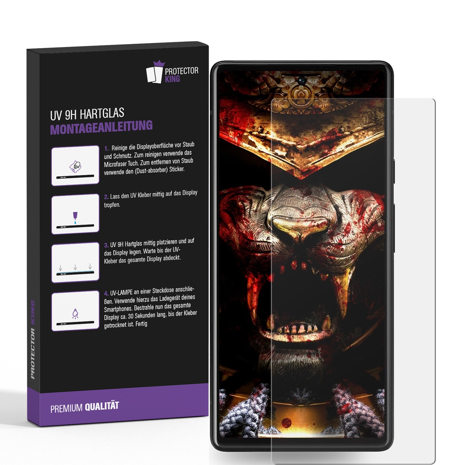 Verpackung mit Anweisungen für eine Displayschutzfolie. Ein Telefon mit angebrachter Displayschutzfolie ist im Bild.