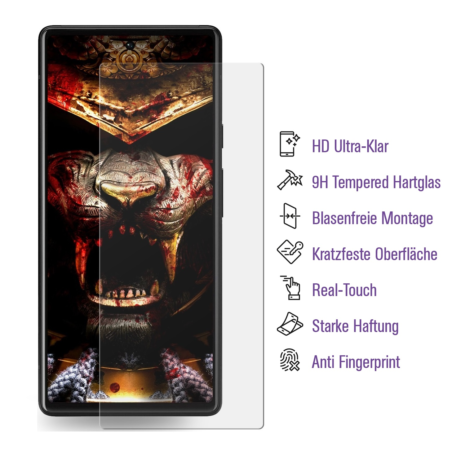 Smartphone mit angebrachtem Displayschutz, mit angezeigten Symbolen und Text.