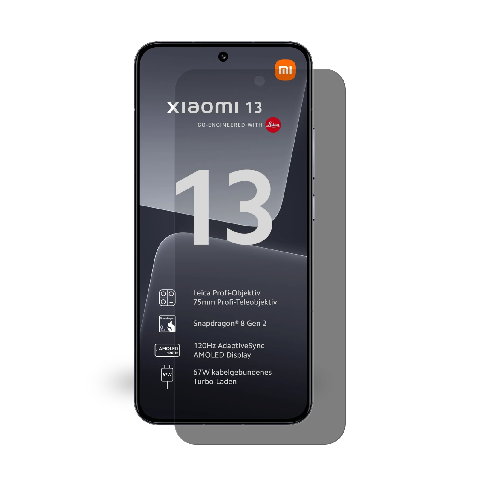 Ein schwarzes Smartphone mit Text auf dem Bildschirm und einem grauen Displayschutz.
