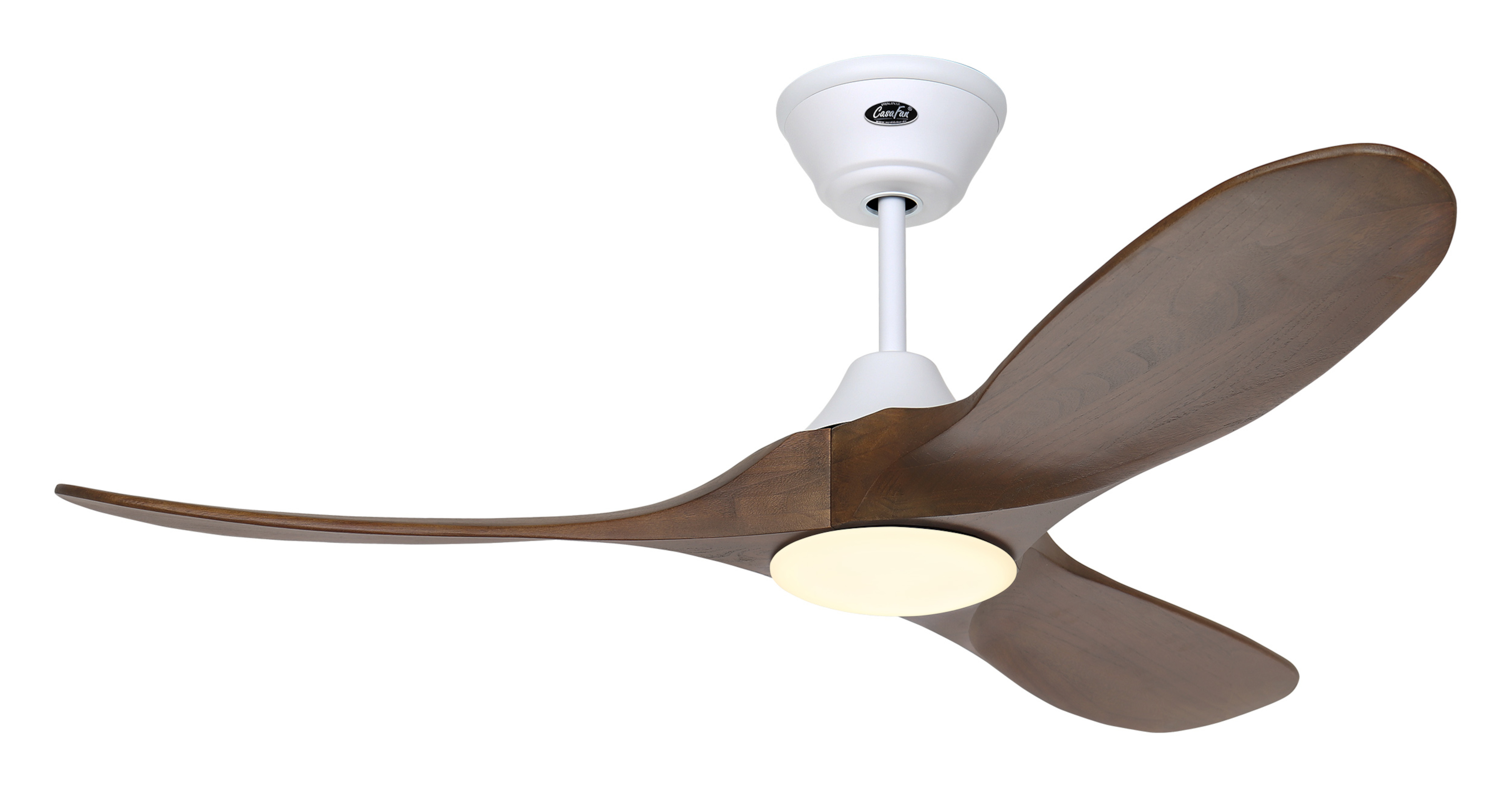 Ventilatore da soffitto bianco e marrone. Ha tre pale. Motore e luce bianchi.